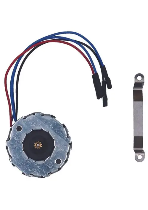 Synchronmotor mit vier Drähten in verschiedenen Farben und Montageschiene. Hersteller: Judo.
